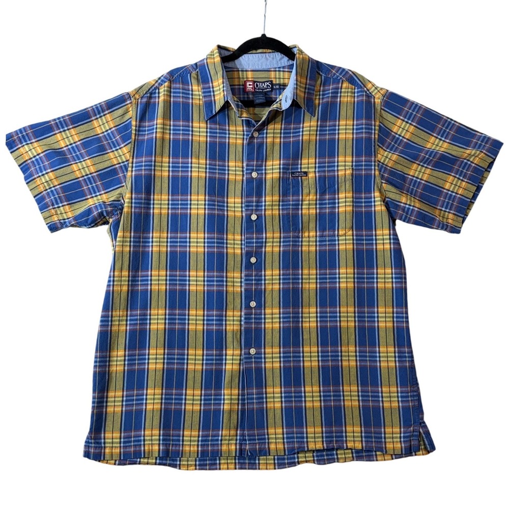 Chaps Ralph Lauren Mens XL Blue Yellow Plaid Shirt Short Sleeve Button Down